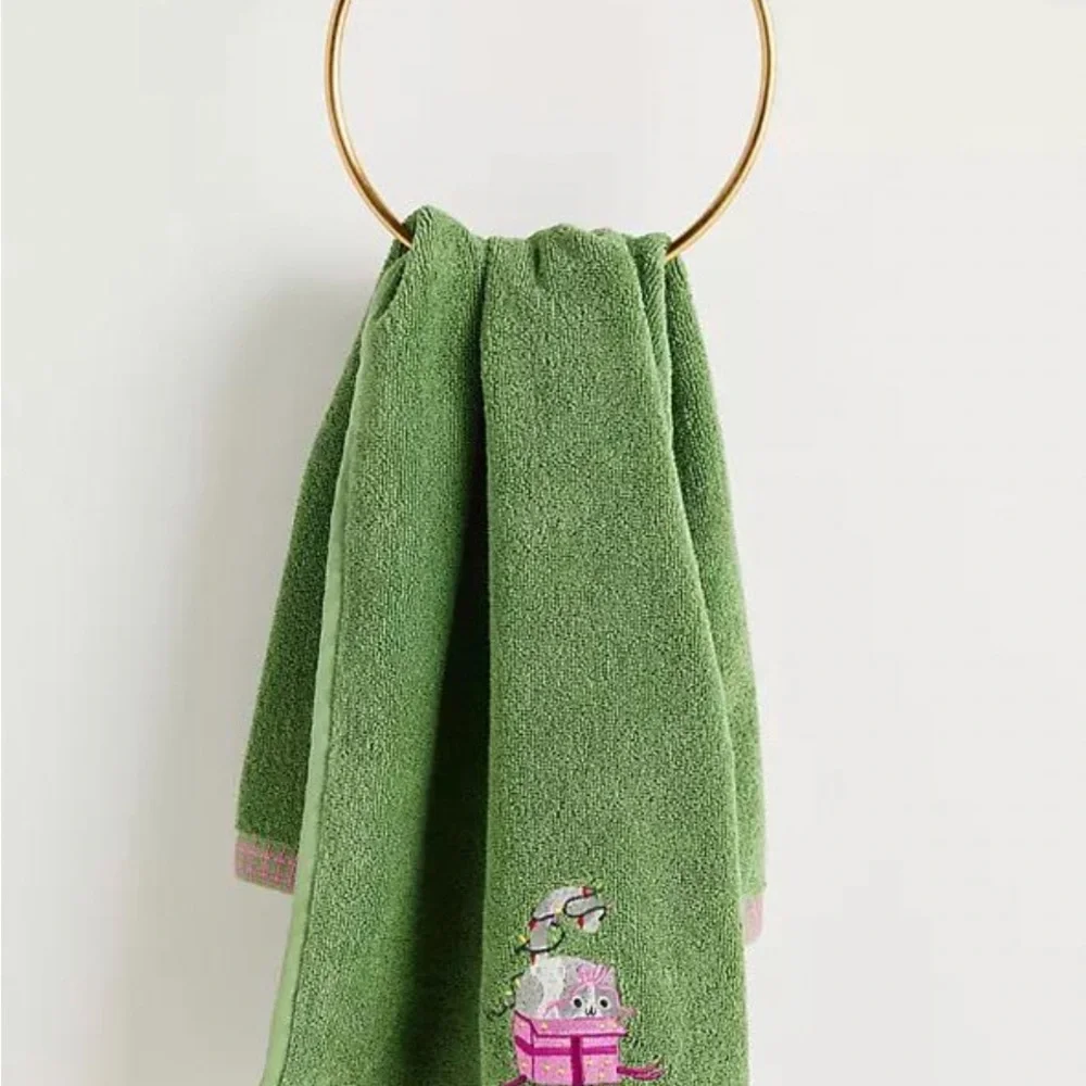 NWT Anthropologie Holiday Critters Cat Embroidery Holiday Hand Towel NEW